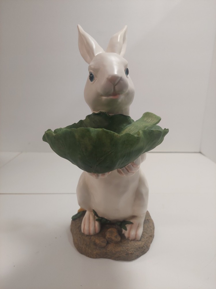 Bunny Rabbit Statue Candy Bowl Server Figure 12" White Resin White Cabbage Leaf