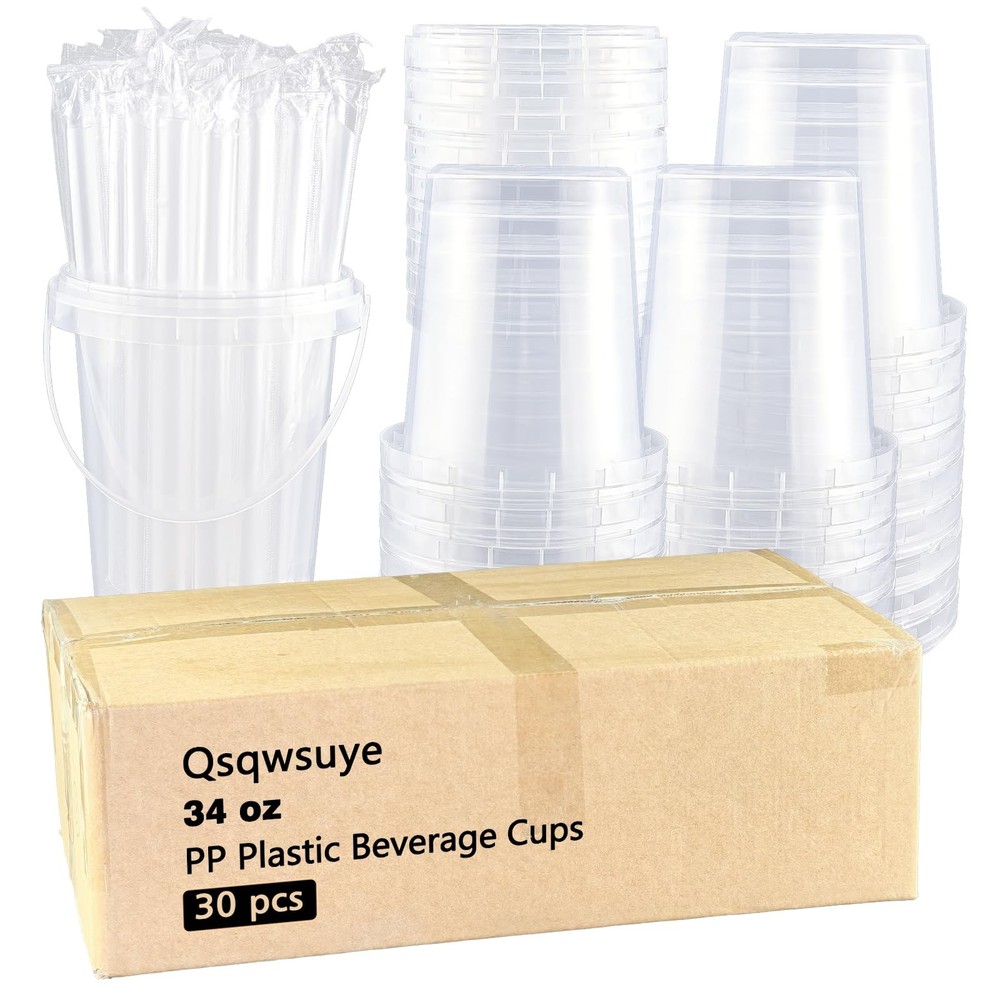 30 Sets - 34 oz Plastic Cups with Lid 30 Set Clear Straws, Transparent