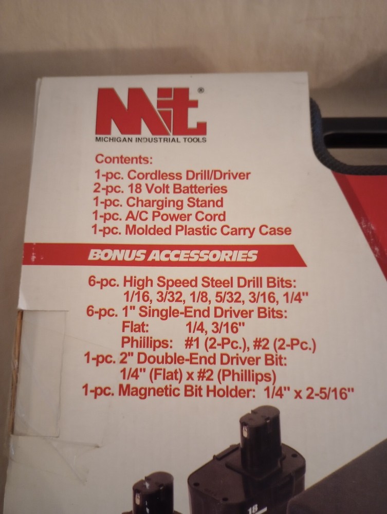 MIT 73247, 18v Variable Speed Cordless Drill Driver Set, Case, Bits, Batteries