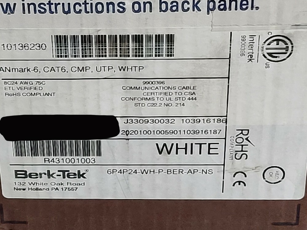 Berk-Tek 24/4P LANmark 6 CAT6 Plenum U/UTP Network Cable CMP White /100ft