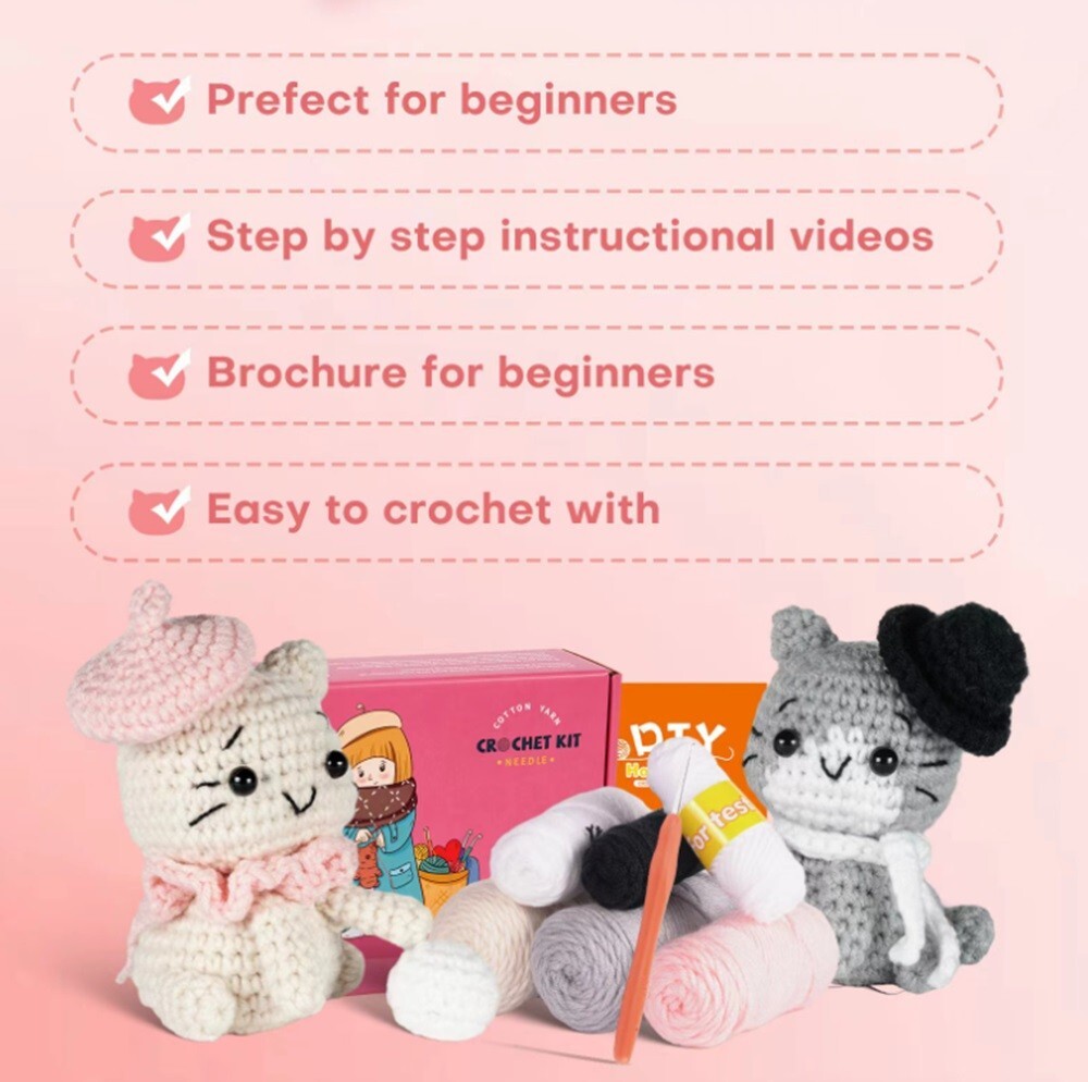 2‑Pack Beginner Crochet Kit – DIY Cat Plushies with Step‑by‑Step Video Tutorials