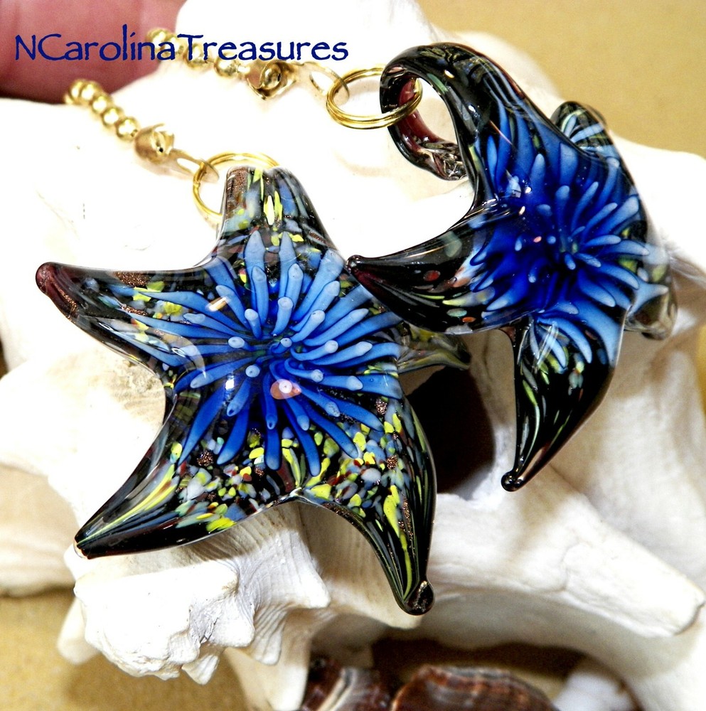 STAR STARFISH GLASS CEILING FAN LIGHT SWITCH PULL DARK BLUE BLACK BURST LG PAIR