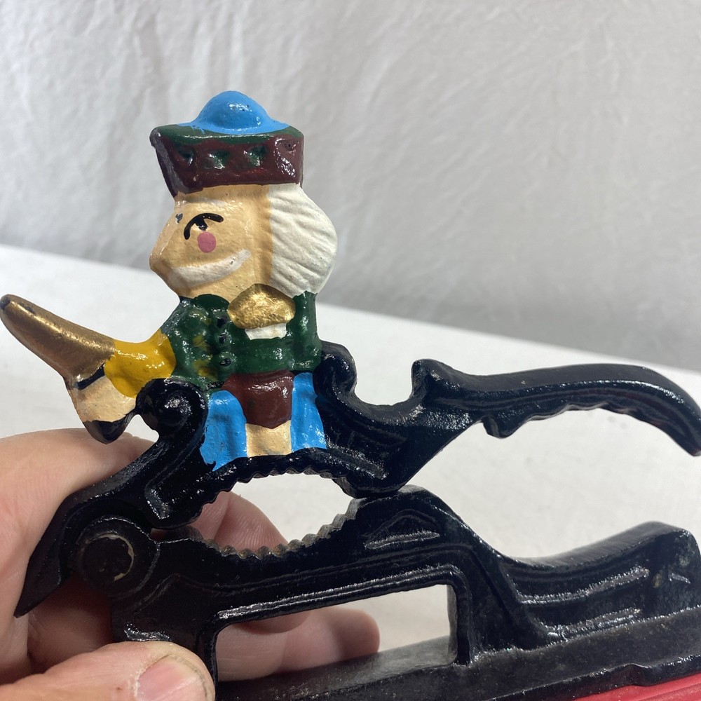 Hand-Painted Reproduction Kitchenware Cast Iron Nut Cracker On Wooden Base