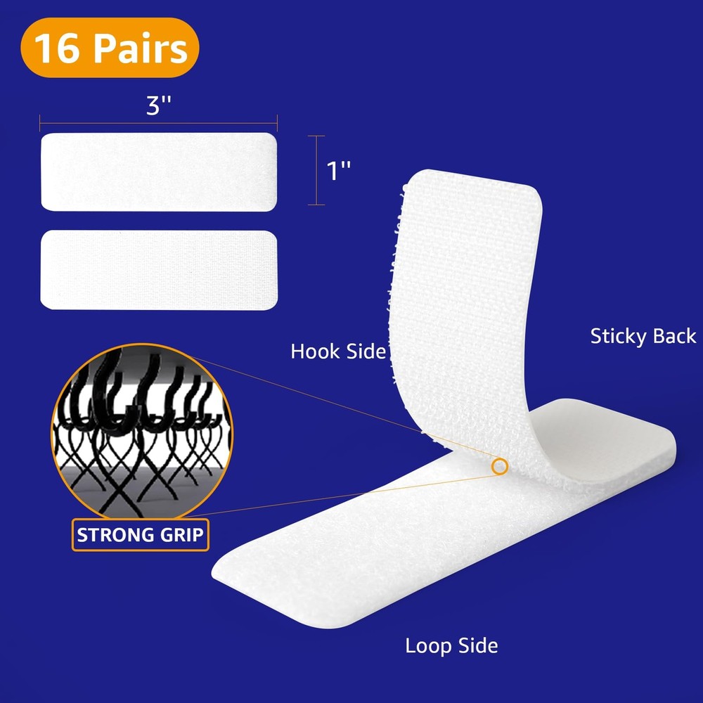 16 Hook And Loop Fastener Strips, Double Sided, White, 1x3 Inch