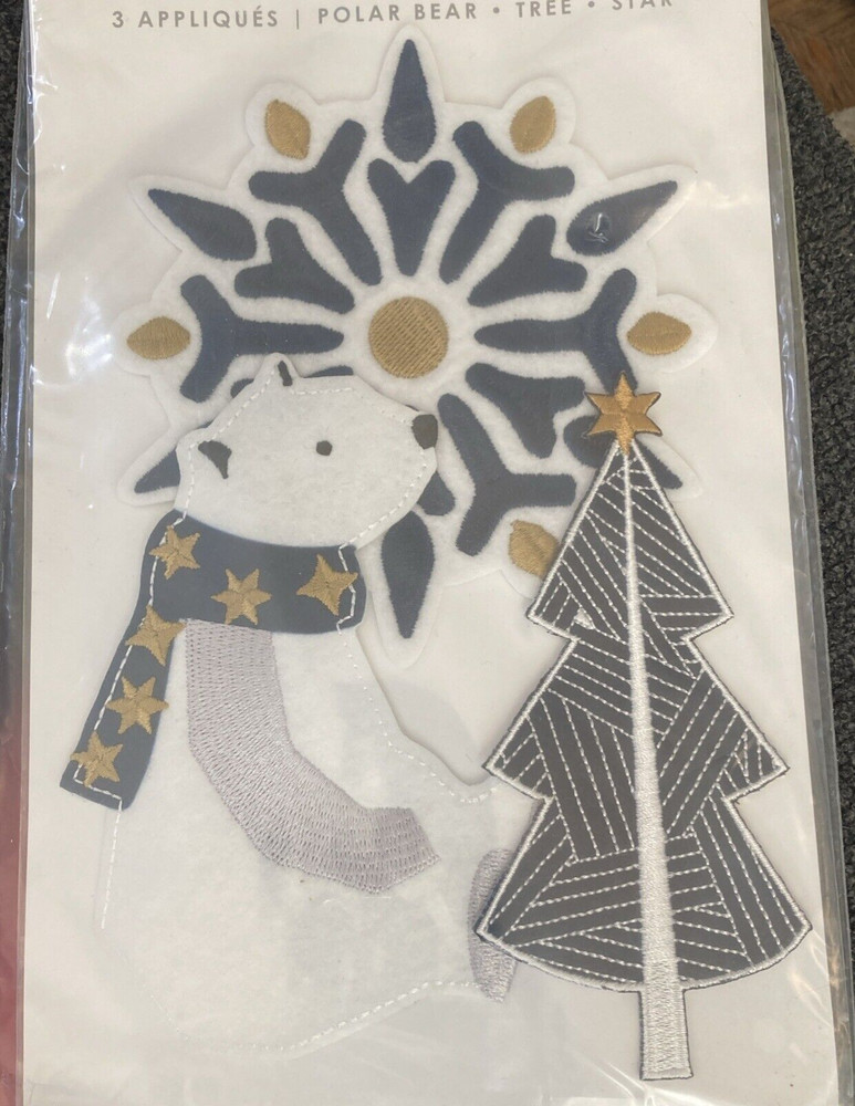 3 Iron On Appliqués: Polar Bear, Star, Tree in pkg
