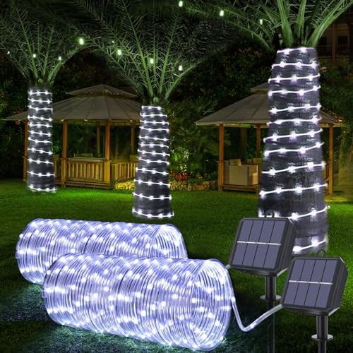 Solar Rope Lights, 2 Pack Total 400LED Solar String Lights, 8 Modes 132ft White