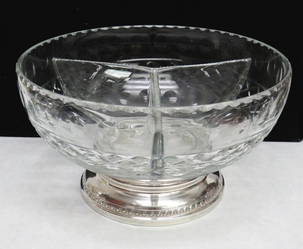 LARGE CRYSTAL & STERLING SILVER 3 SECTION SIDE ENTREE / SAUCE SERVING BOWL
