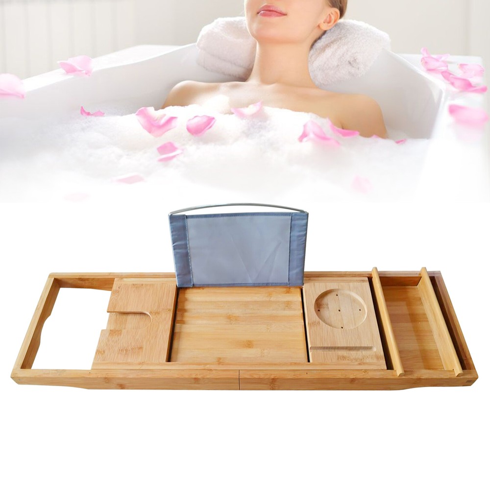 Bamboo Bath Tray Table - Adjustable Caddy with Multifunctional Groove