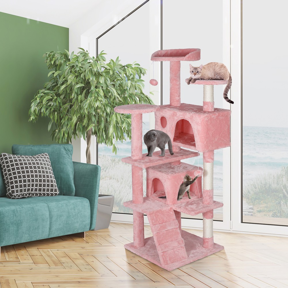 53" Cat Tree Activity Tower Pet with Scratching Posts Ladders Indoor Pink