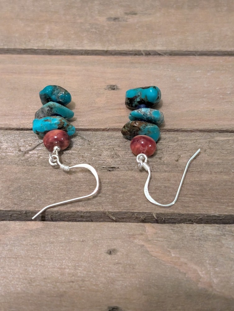 Kingman Turquoise, Lapis, & Red Spiny Oyster Dangle Earrings
