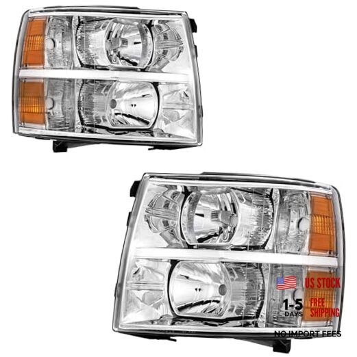 Headlights Assembly Direct Replacement for 2007-2013 Silverado Chrome-Amber