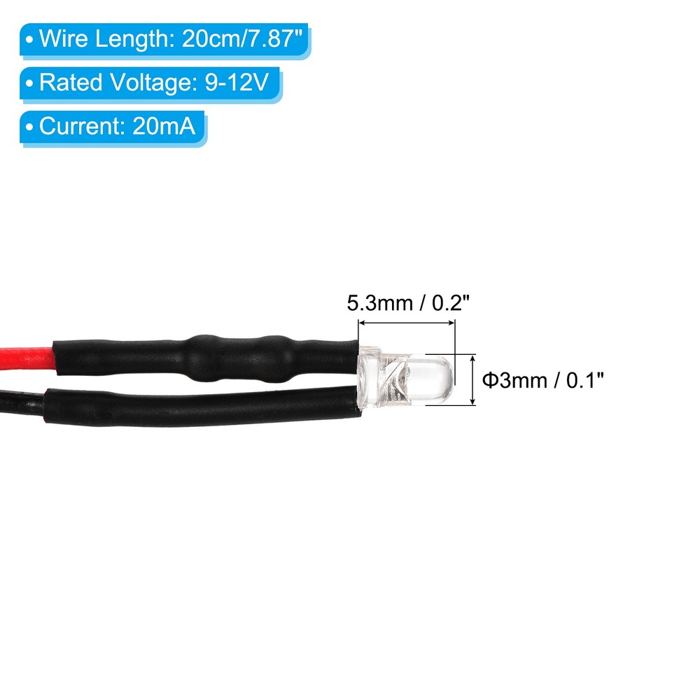 3mm LED Diode Light, 20 Pcs 9-12V DC, Blue Light