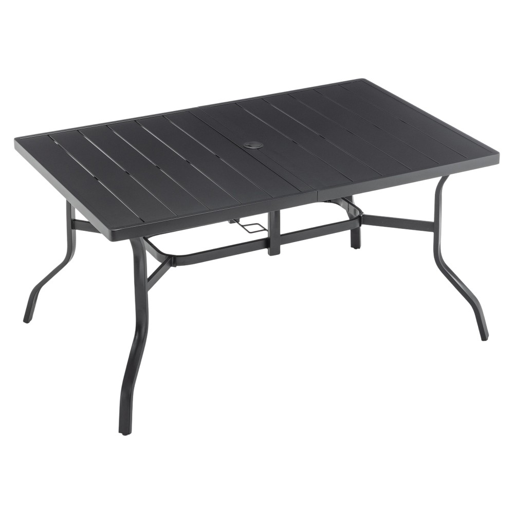 Rectangular Metal Patio Dining Table with Umbrella Hole Anti Slip Pads