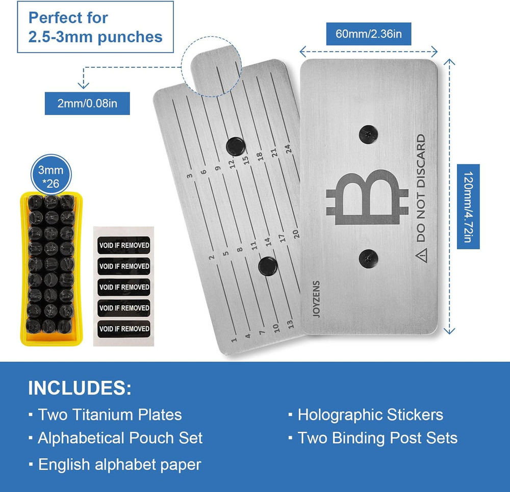 Seed Phrase Storage Kit - Metal Backup Plates + Stamping Tools, Bitcoin & Crypto