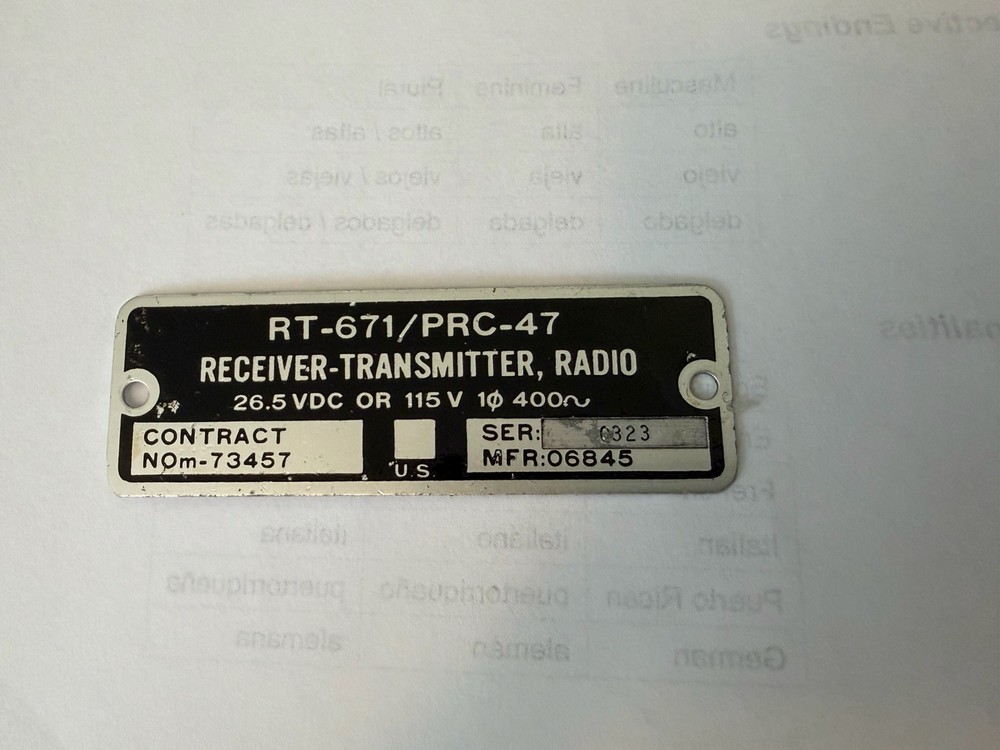 RT-671 PRC-47 DATA PLATE