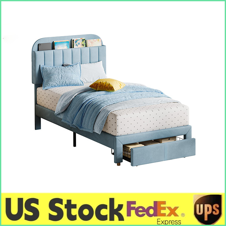 Velvet Upholstered Platform Bed Frame w/Storage Headboard,Twin Size Bed Frame