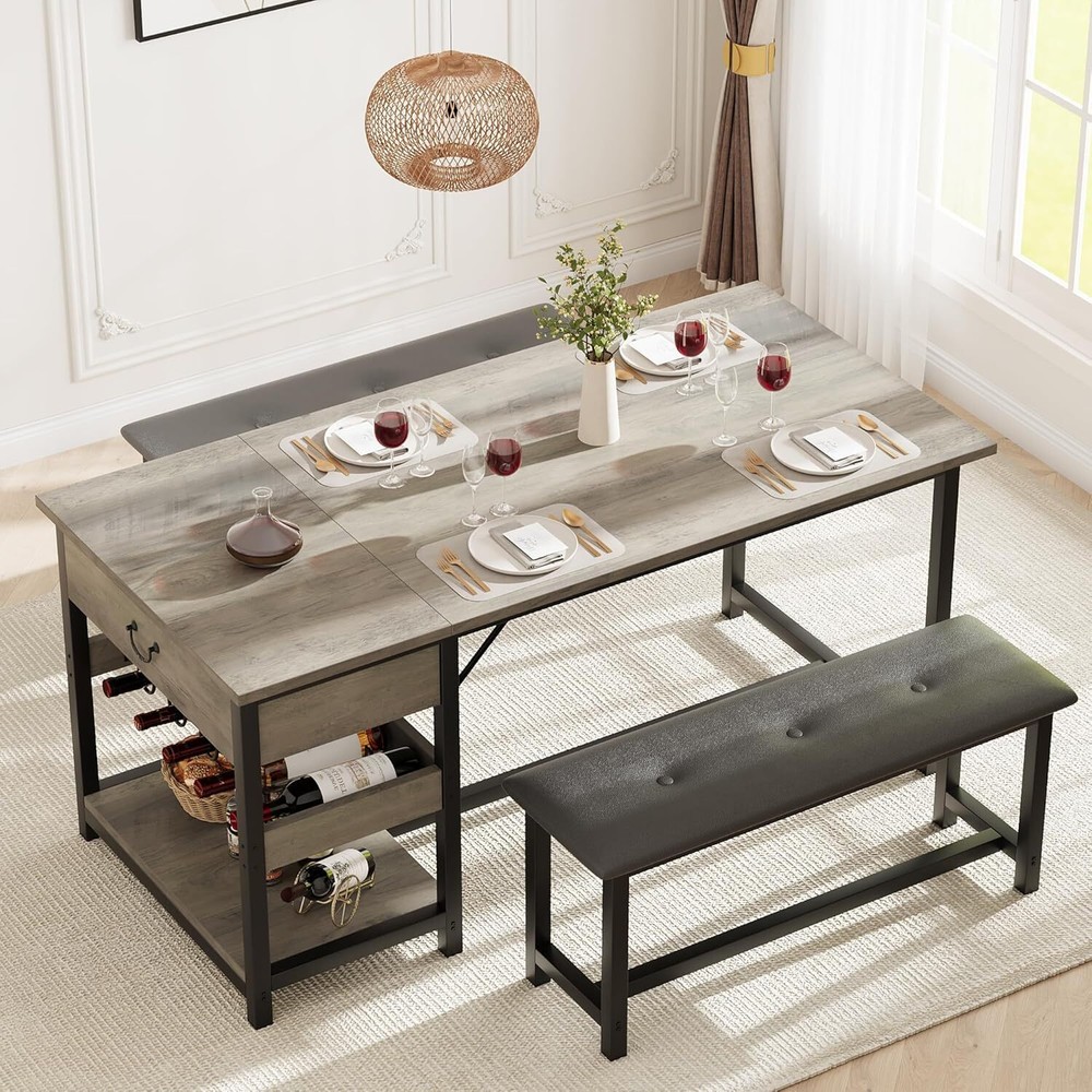 New Dining Table Set for 4 Kitchen Table and 2 Benches, Drawers ,Wine Rack ，Grey