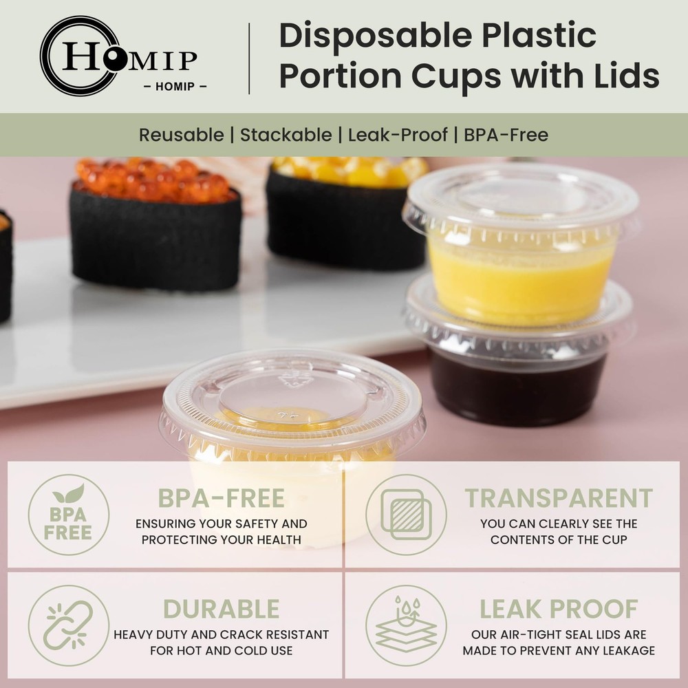 200Pack 2oz Disposable Plastic Portion Cups with Lids, Small Mini Sauce Cups ...