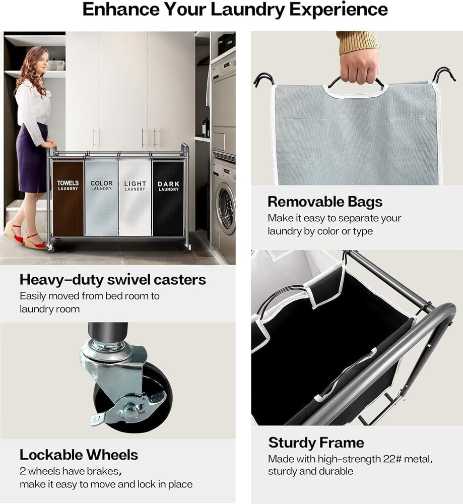 Laundry Hamper Sorter Cart: 4-Section Organizer with Heavy-Duty Lockable Wheels