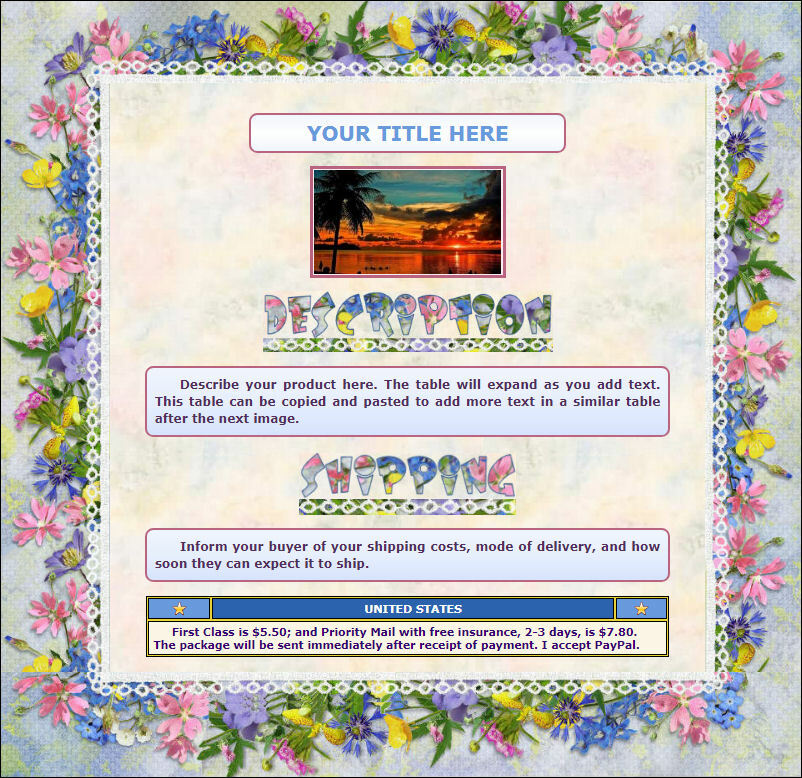 AUCTION TEMPLATE Flowers On Gray Border Design - FREE SHIPPING
