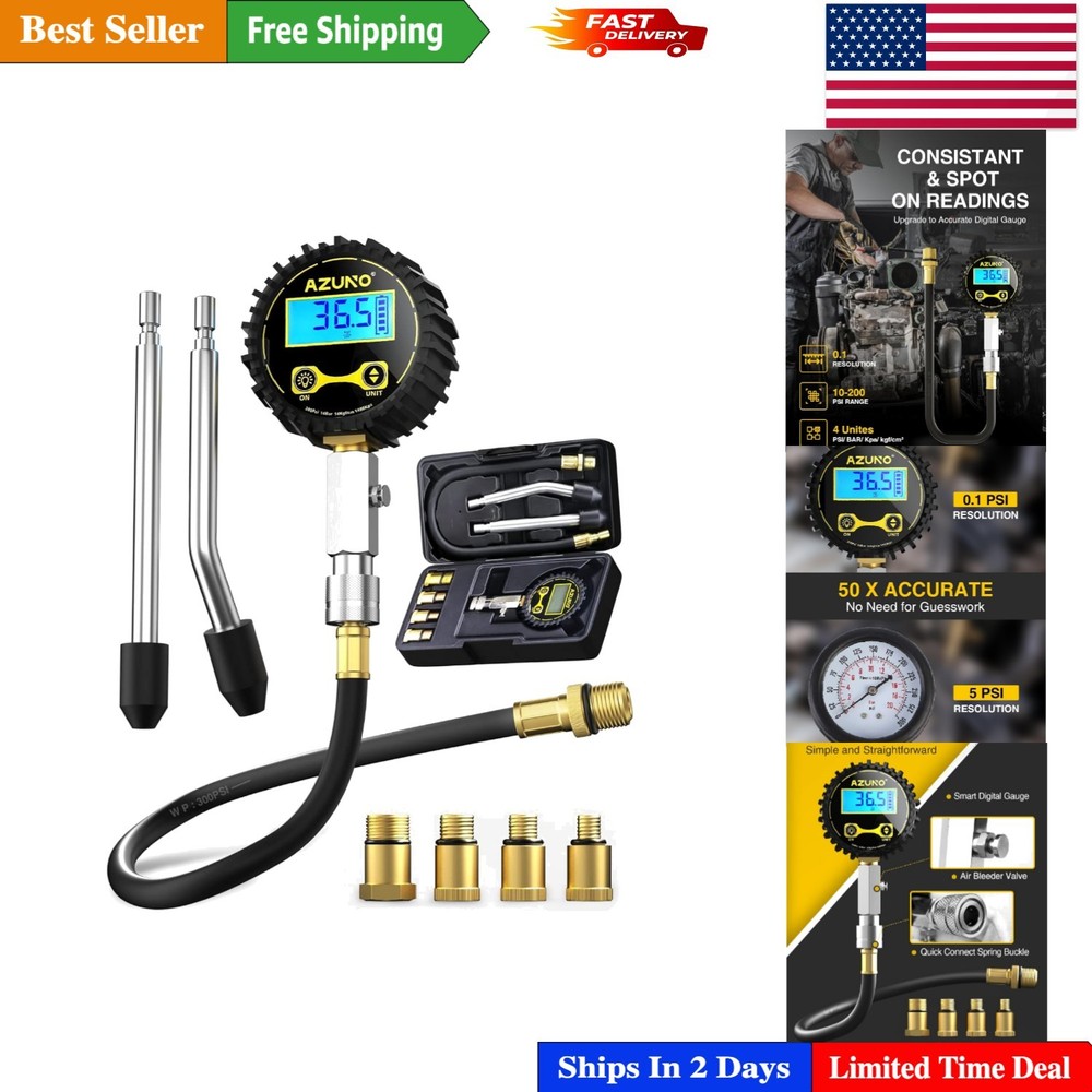Precision Digital Compression Tester for Petrol Engines – 200 PSI with Adapters