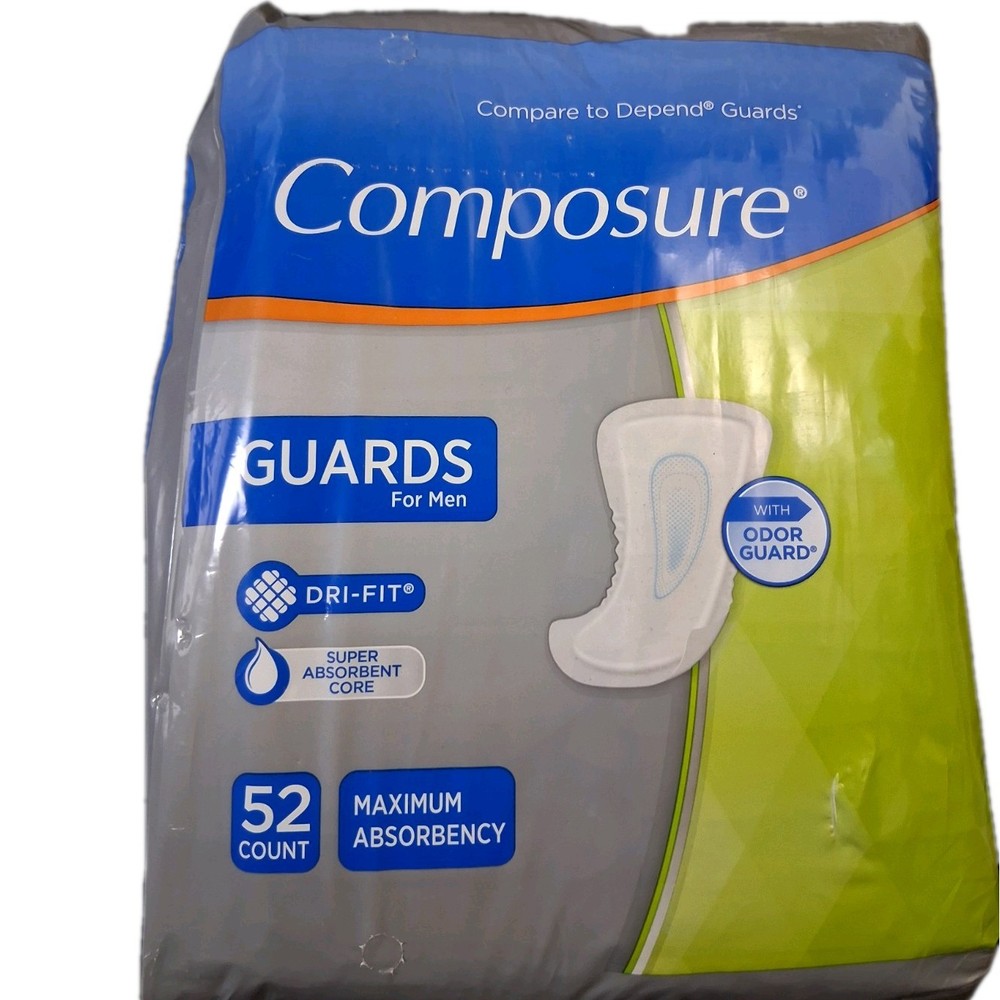 Composure Men's Incontinency Guards, 52 Count, Maximum Absorbency, Dri-Fit, New