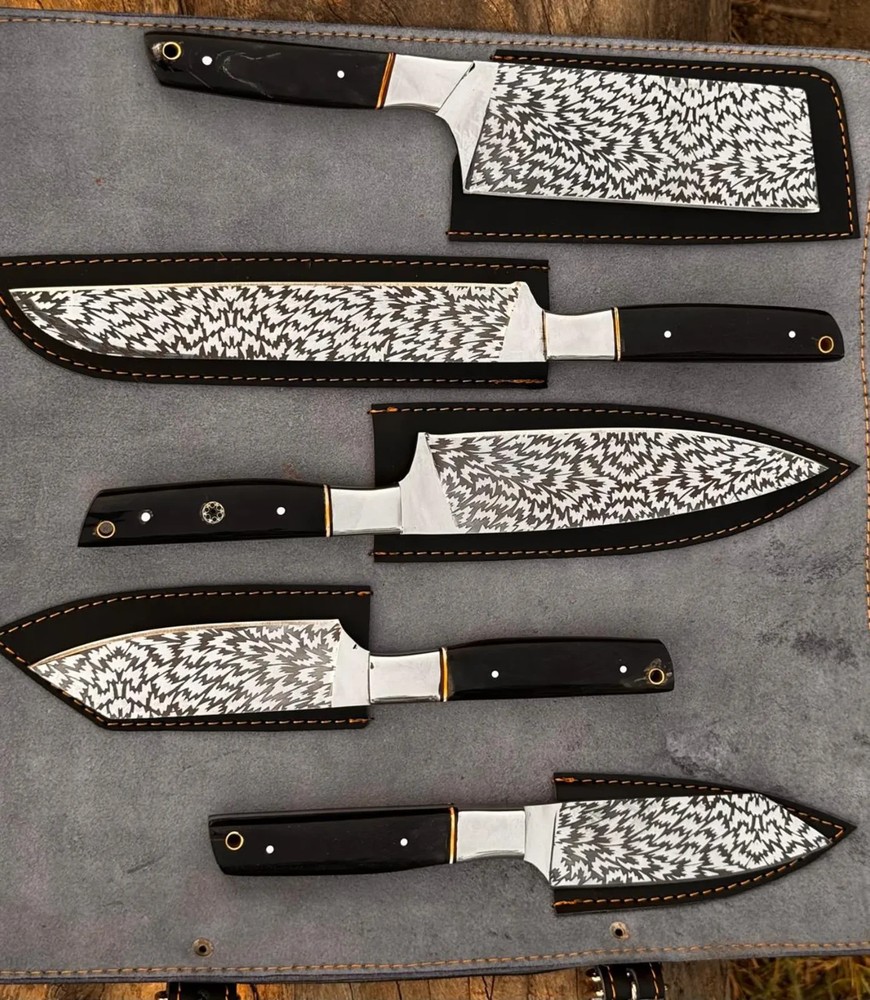 Handmade Damascus Chef Knife Set: 5-Piece Kitchen Knives with Leather Roll