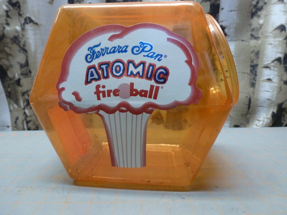 (C) VTG EMPTY Atomic Fireball Pan Ferrara Candy Counter Jar, Plastic Container