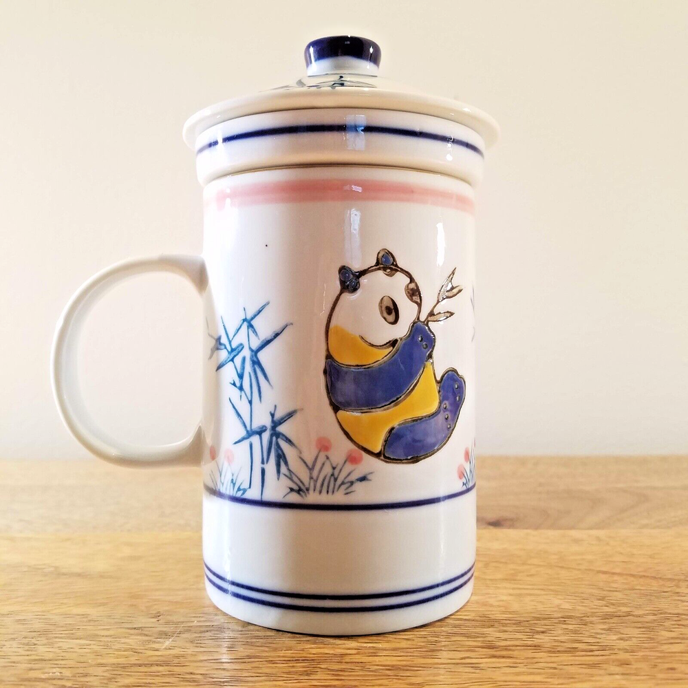 Blue Moon Panda Bear Lidded Tea Infuser Mug Cup Lid Ceramic Teacup Pot Maker
