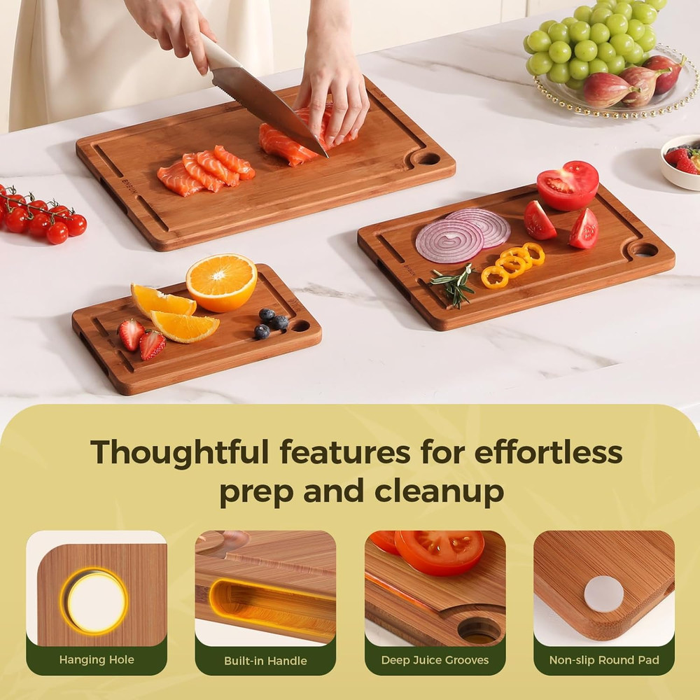 Bamboo Cutting Board for Kitchen, 3-Piece Set with Juice Grooves, Side Handles &