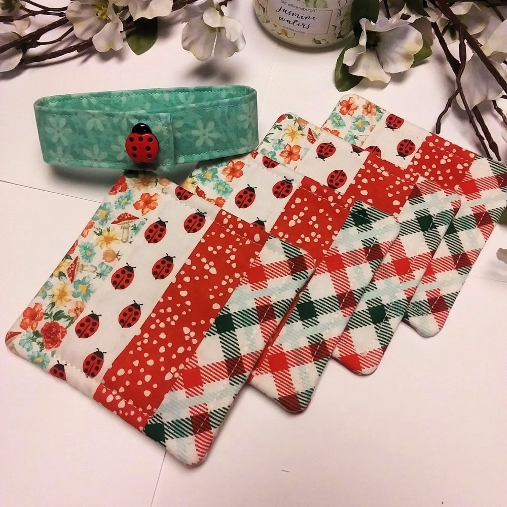LADYBUG PICNIC 5pc Handmade Reversible Patchwork Coasters w/Holder & Button