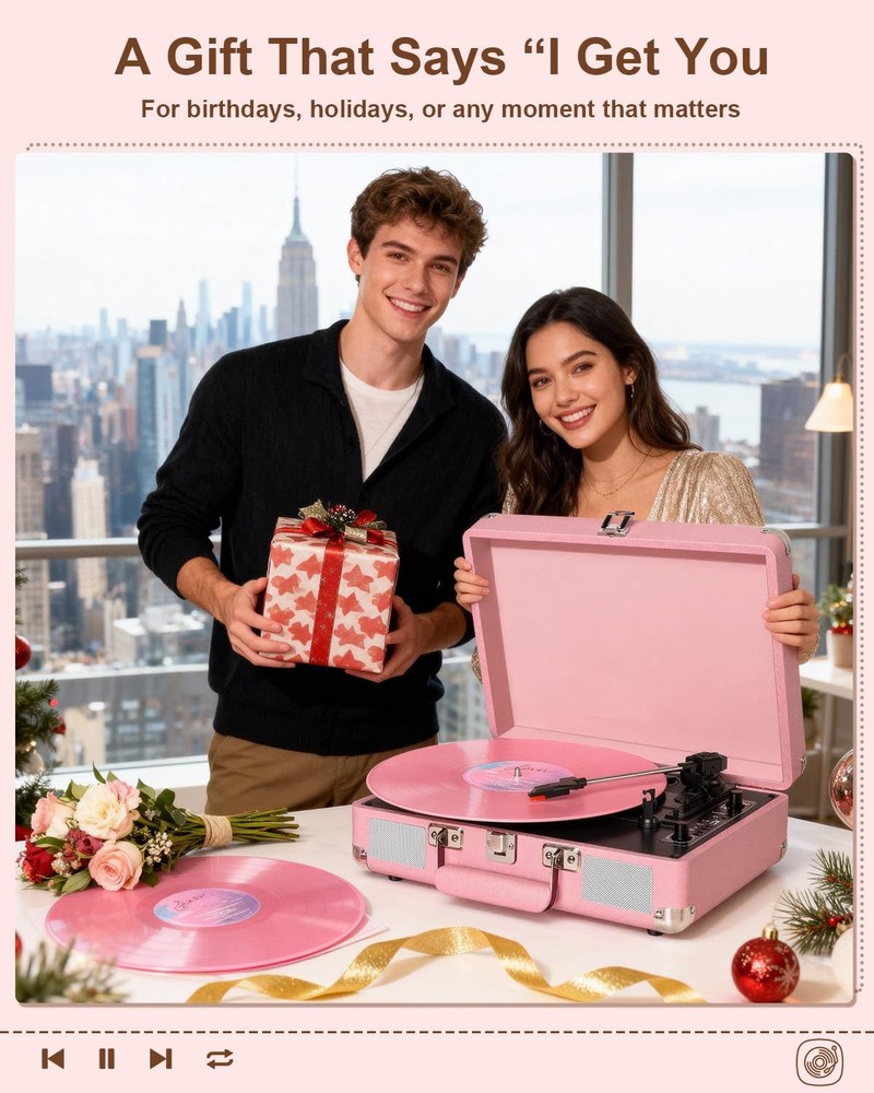 Vinyl Record Player Bluetooth 3-Speed Portable Suitcase Turntable with Built-...
