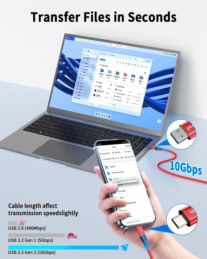USB-C Data Cable 10Gbps [6ft, Red], Android Auto USB 3.2 Gen 2 A 6ft, Red