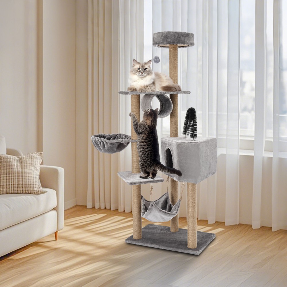 Floor Standing Scratching Post Multi-Level Cat Tower Climbing Frame Silvery Grey