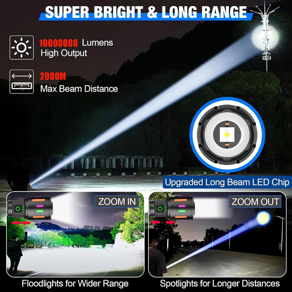 35000000Lumens LED High Powerful Flashlight Super Bright USB Rechargeable Torch