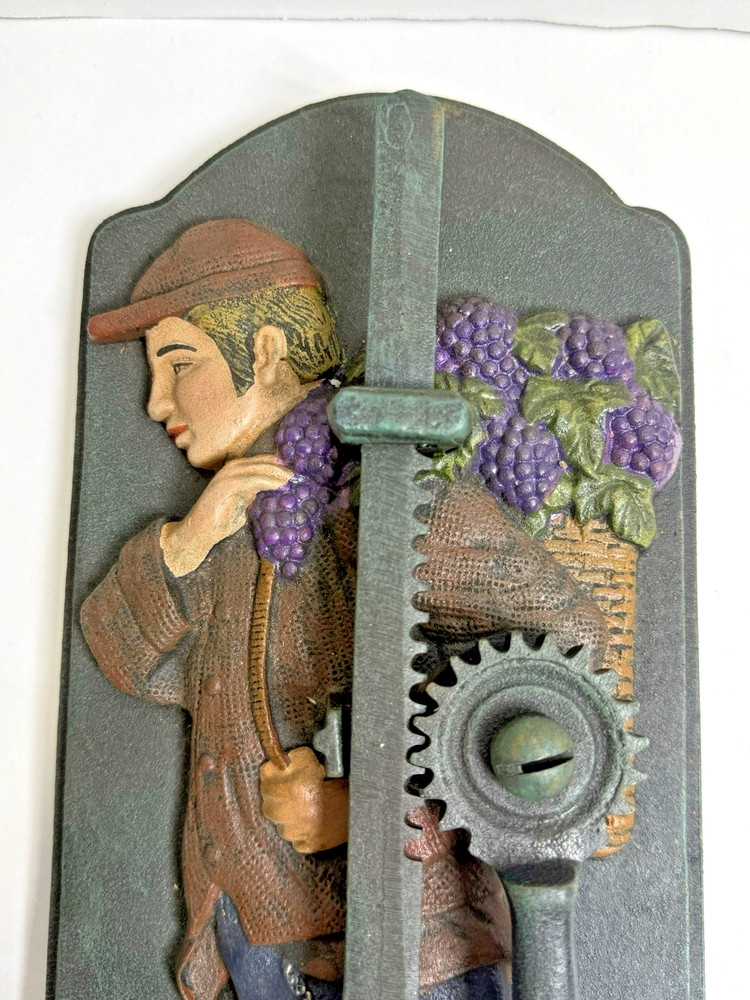 Vintage Cast Iron Wall Mount Corkscrew Cork Puller Grape Harvester Design