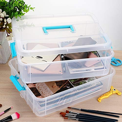 2-Tiers Stack Carry Storage Box With Handle, Transparent Stackable Blue