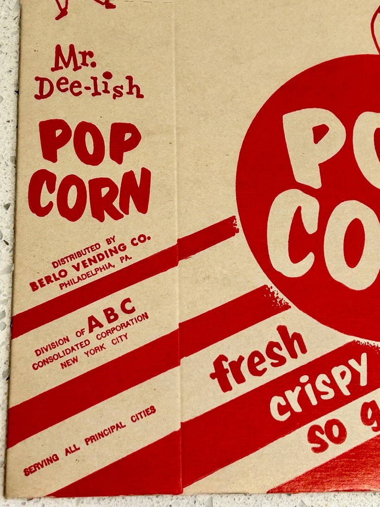 Mr. Dee-lish Pop Corn .25 Cent Box NEVER FOLDED Always Flat - ORIGINAL 1950's