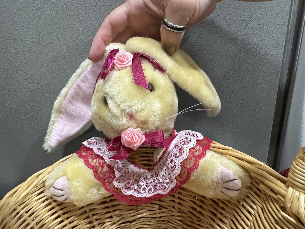 Handmade Stuffed Bunny Rabbit Basket Flowers Lace Easter in EUC