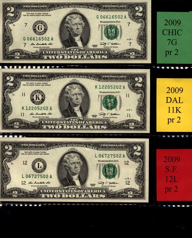 (40) 2009 series $2 notes COMPLETE district set of 7 FRB'S-same last 2 digits