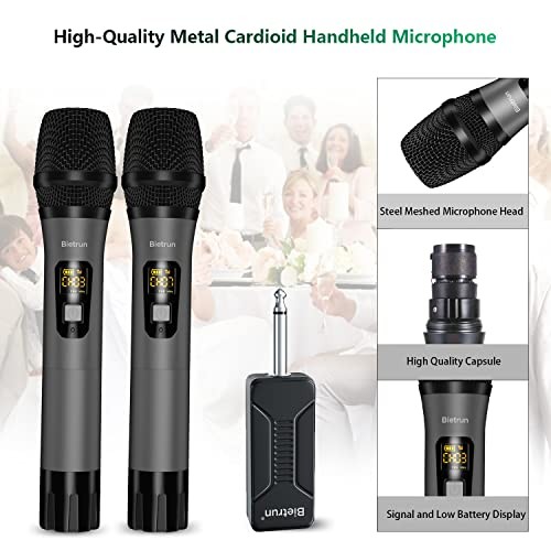 Wireless Microphone, UHF Metal Dual Handheld Cordless Dynamic Mic System Grey