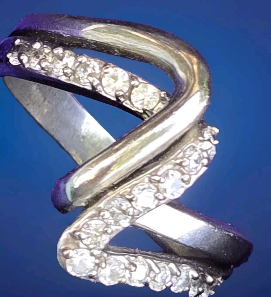 Complex Silvertone Ring Split Double Band Plain & Clear Stones Sz 10 Signed JCI