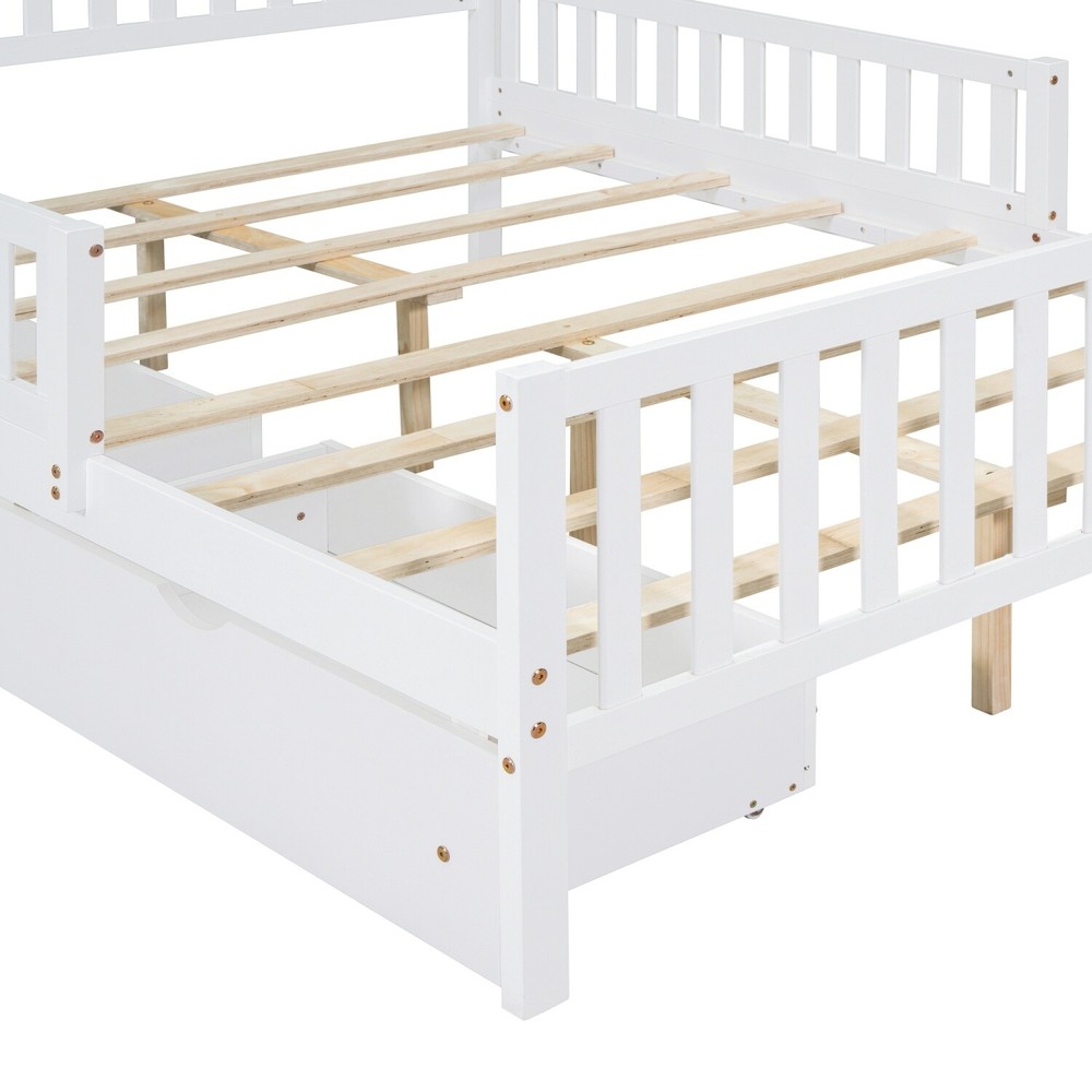 Full Size Bed Frame Wood Platform Bed Frame w/ 2 Drawer & Guardrails White