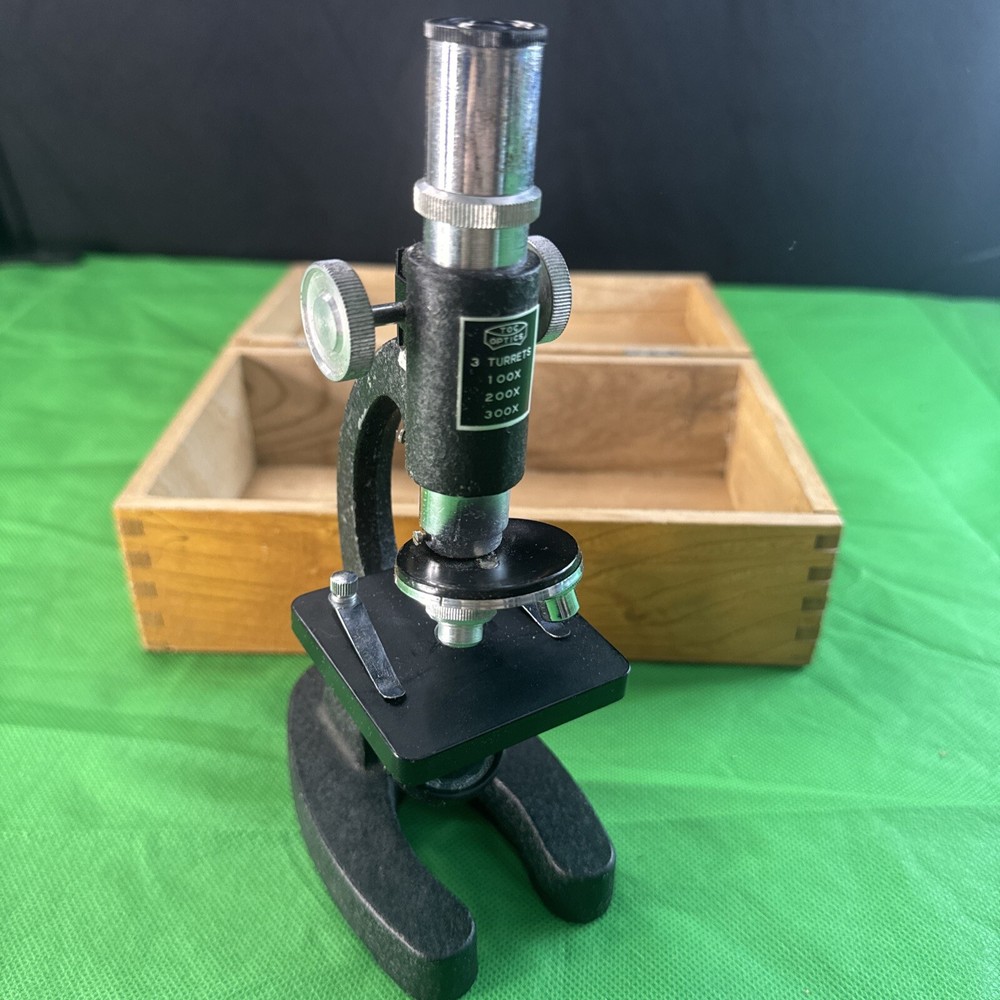 VINTAGE Toc Optics Student Microscope, In Wooden Box.