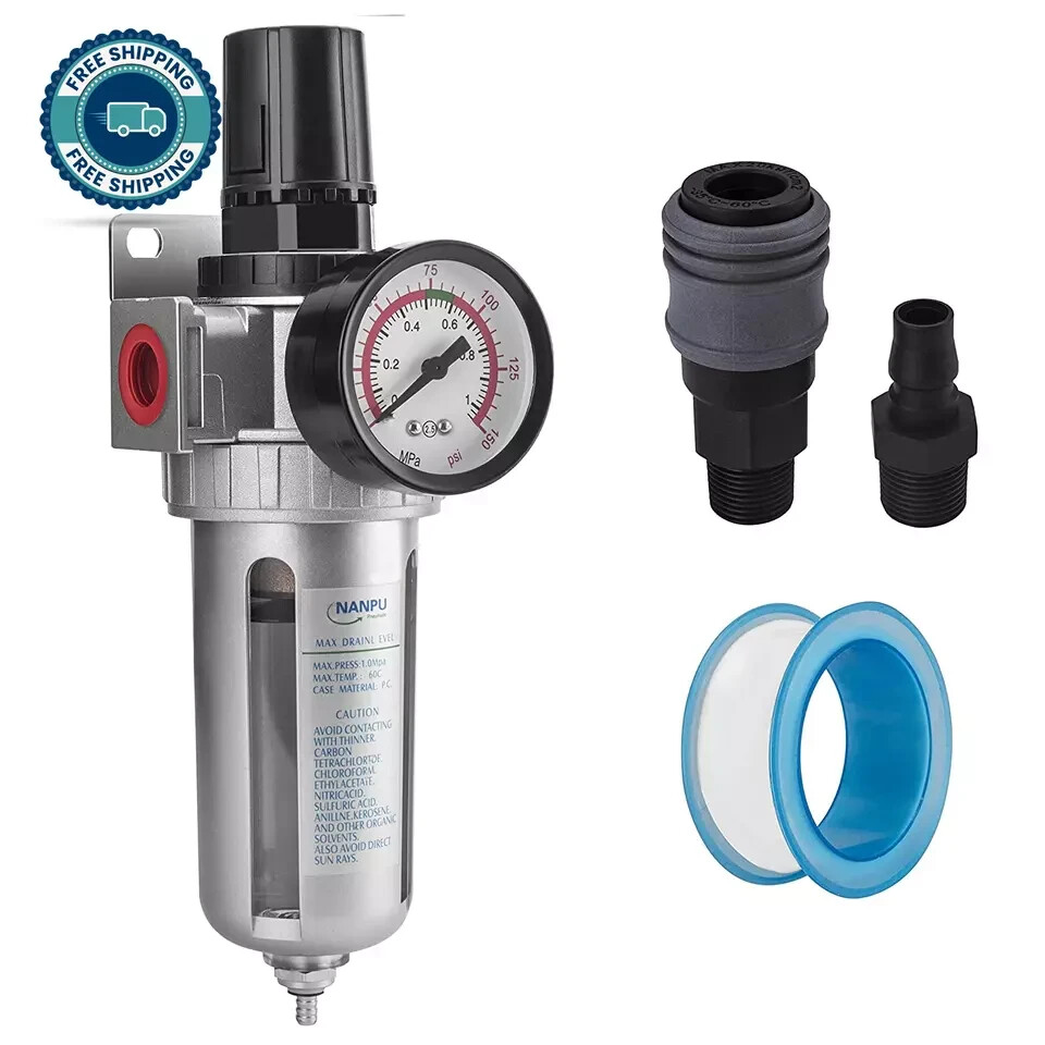 1/2" NPT Compressed Air Filter Regulator Combo, Air Filter Pressure Regulator Ga