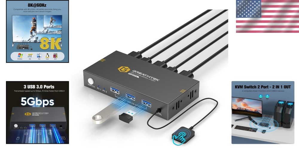 Seamless 8K@60Hz KVM Switch for 2 PCs: Button & Remote Control - Compact Design