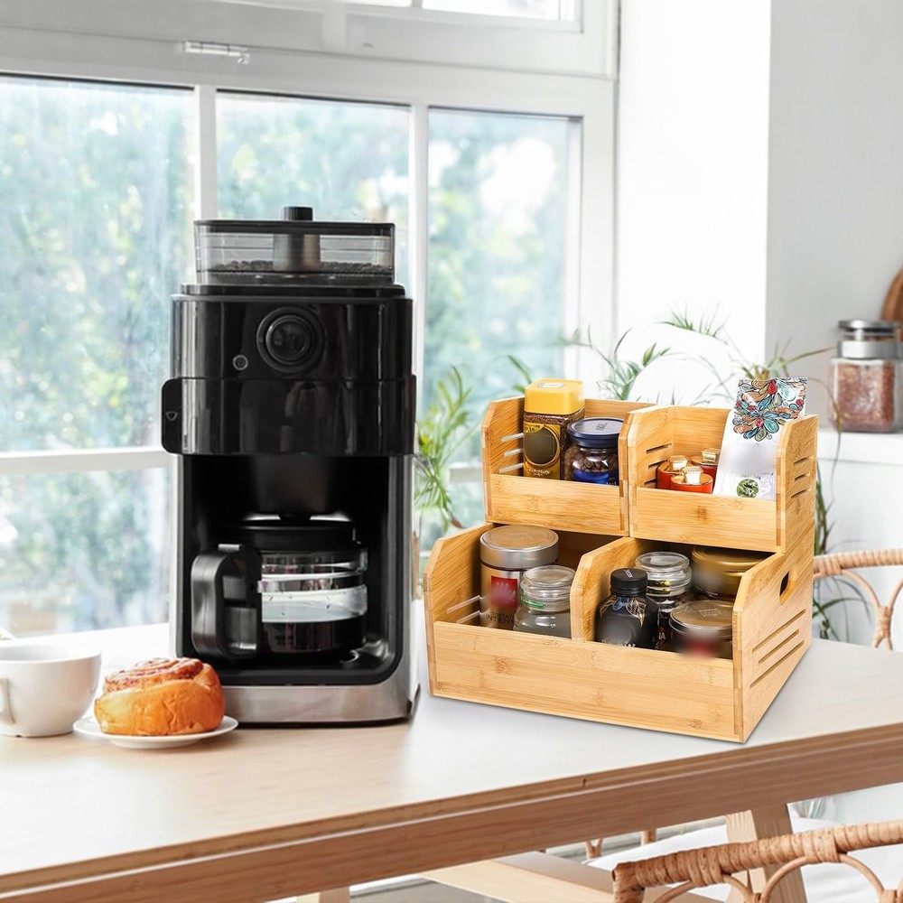 2 Tier Bamboo Stackable Storage Bins, 4 Compartment Potato and Onion Storage ...