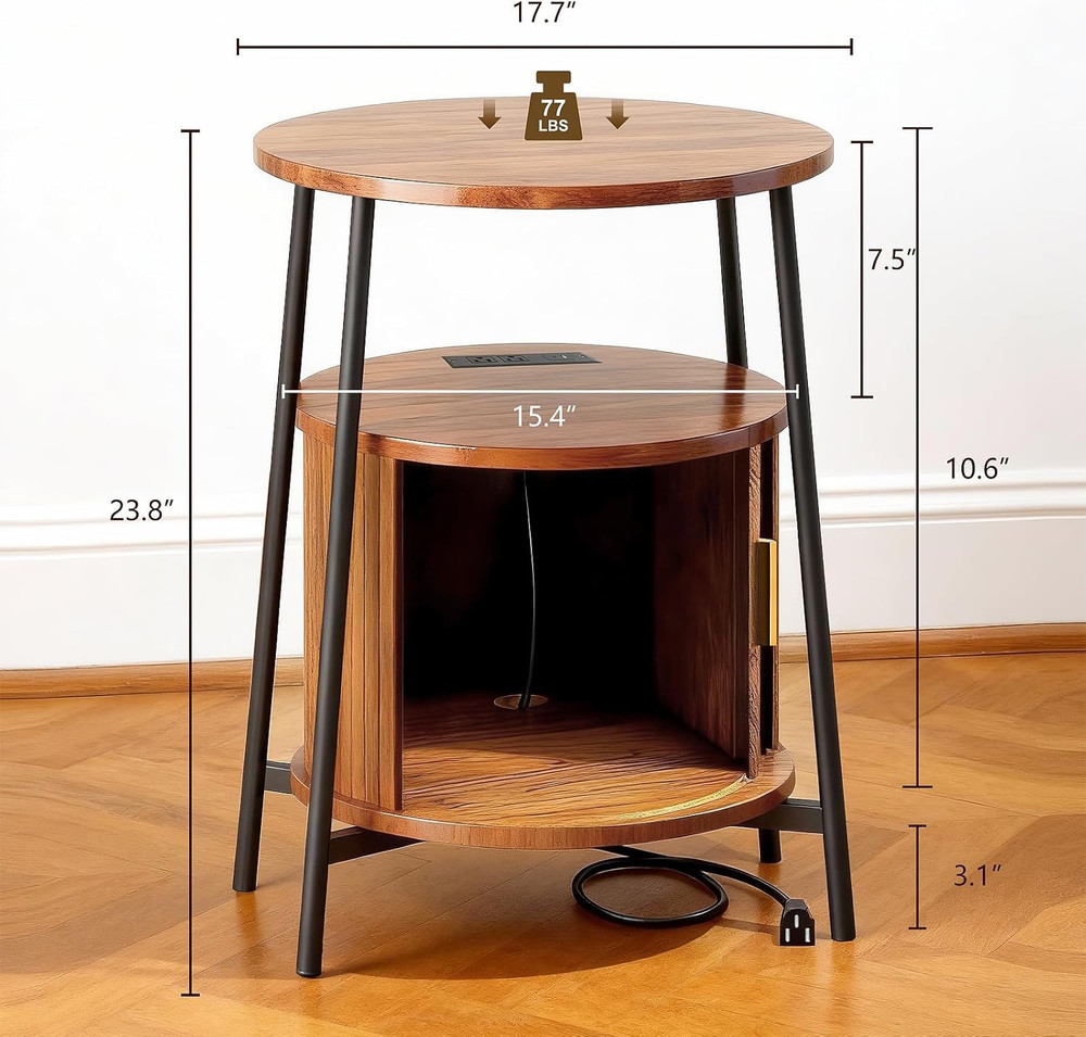 Mid-Century Modern Side Table with Storage & Charging Station, Yellow Walnut