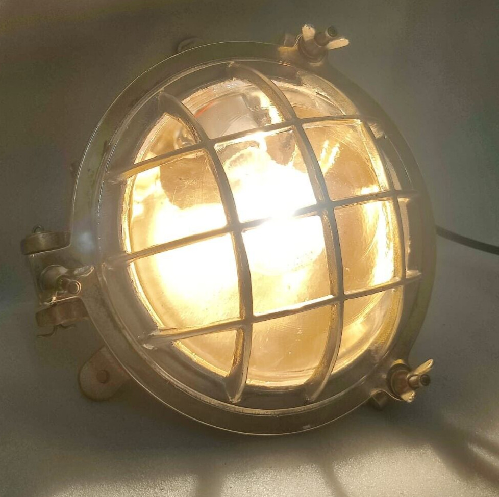 Vintage original Brass Cage&Iron Base Bulkhead passageway Light 2PC.