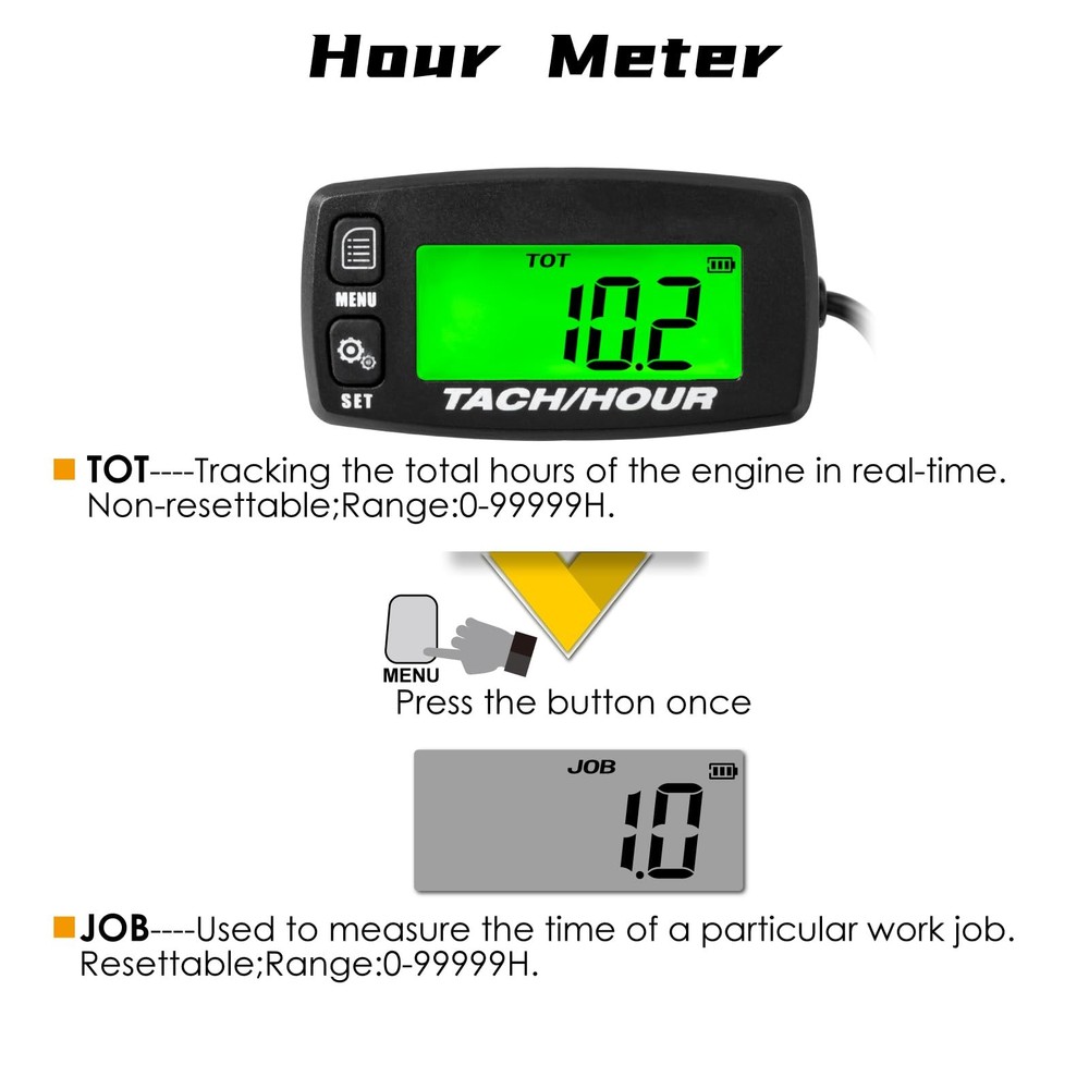 Self Powered Digital Tachometer Hour Meter, Inductive, Waterproof, Battery Re...